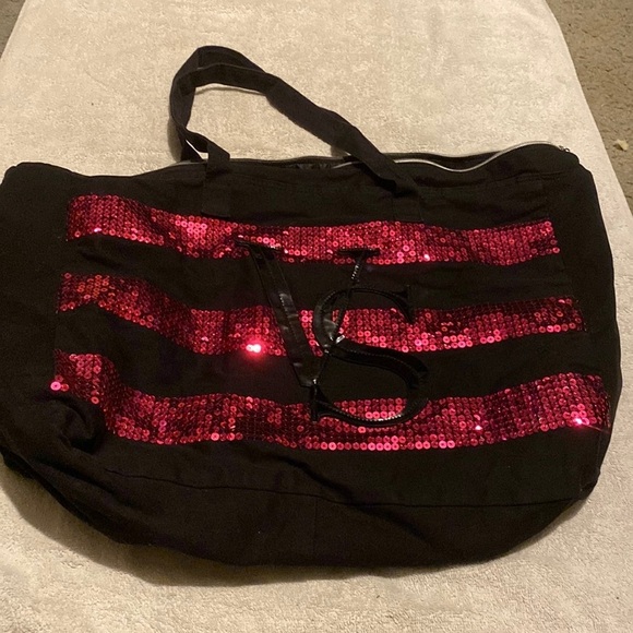 Victoria's Secret Handbags - VICTORIA'S SECRET Extra Large Pink Sequins Logo ZIP Up  Travel  Beach TOTE BAG‌